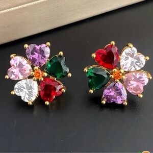Elegant Multicolor Heart Flower Stud Earrings. Vintage Colourful Daily Earrings